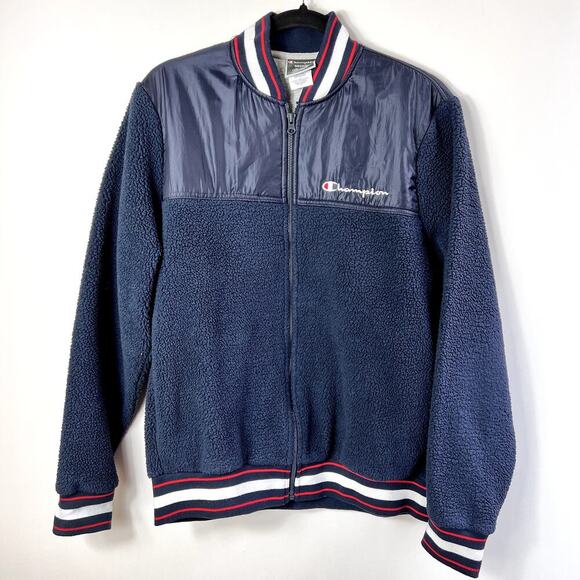 Champion Mens Navy Blue Varsity Sherpa Full Zip Jacket Size M - Picture 2 of 9